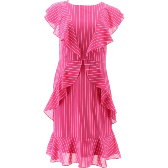 NWT DU JOUR SCOOP-NECK STRIPED RUFFLE DRESS VERY BERRY 12‎ - Picture 3 of 15